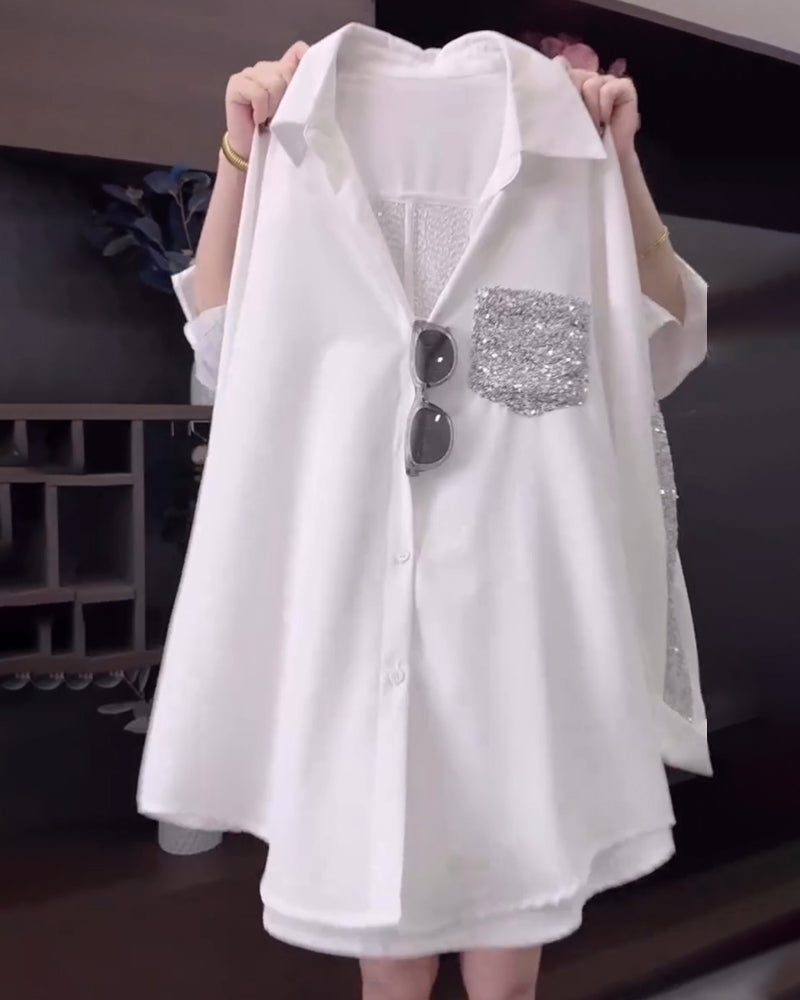 Lapel Sequin Long-Sleeved Shirt