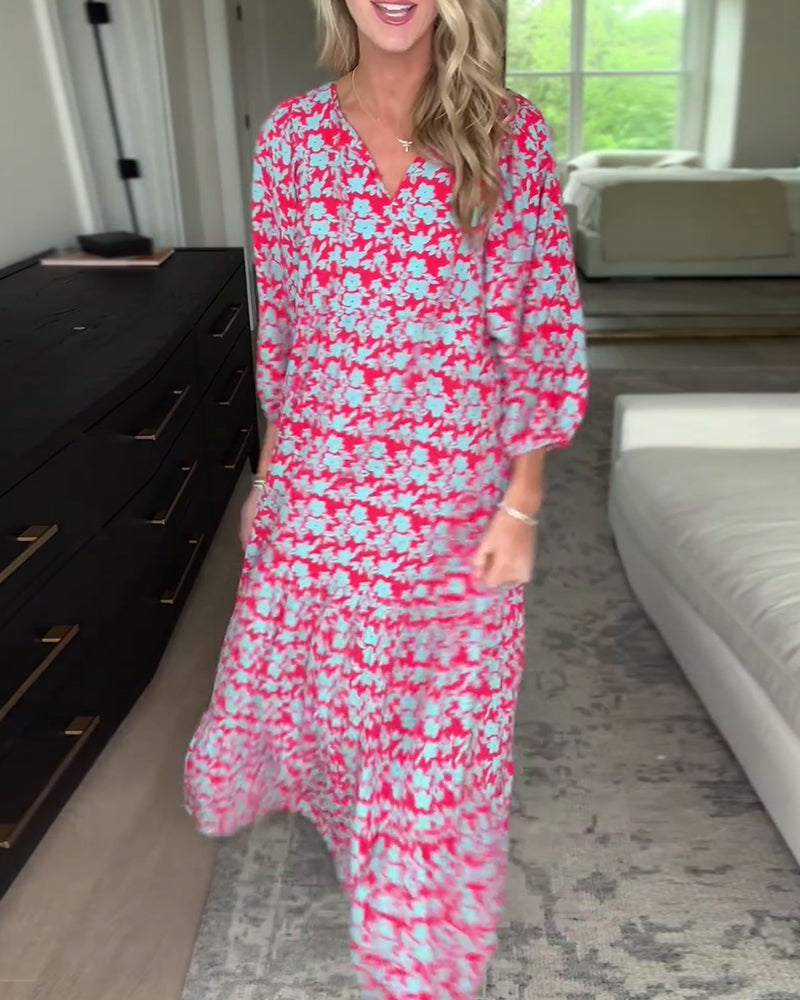 V-neck lantern sleeve floral long dress