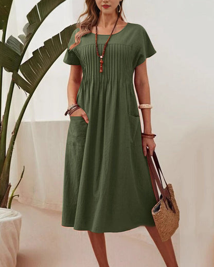 Pleated Short Sleeve Cotton And Linen Dress