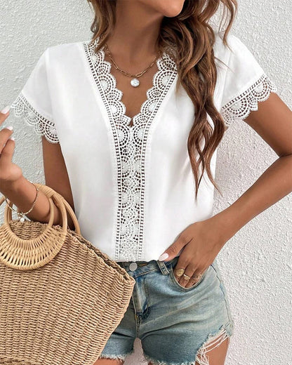 Lace Hollow Solid Color T-Shirt