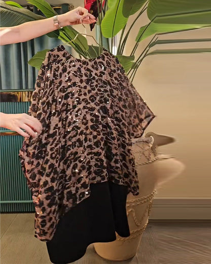 Leopard Print Sequined Batwing Sleeve T-Shirt