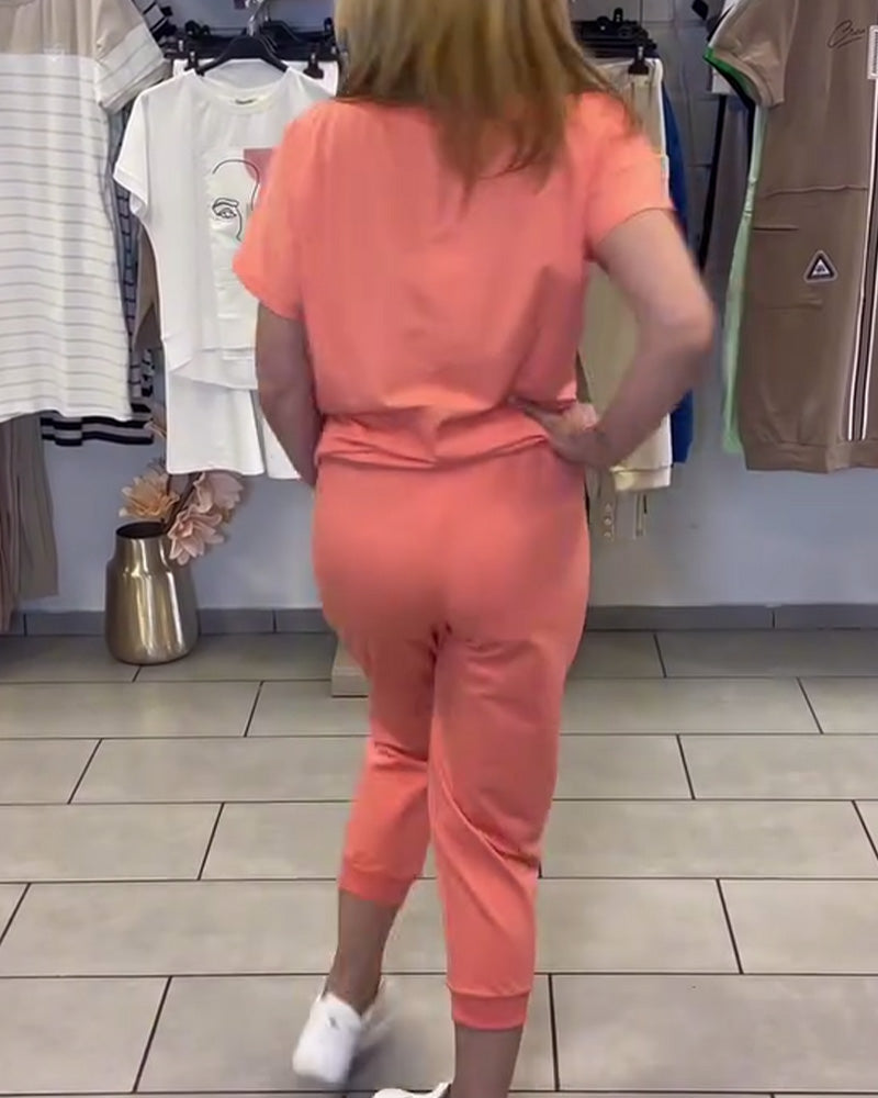 Casual Printed Cropped Pants Set