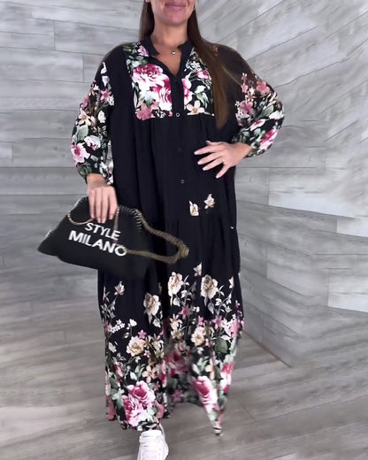 Floral Print Casual Lantern Sleeve Dress
