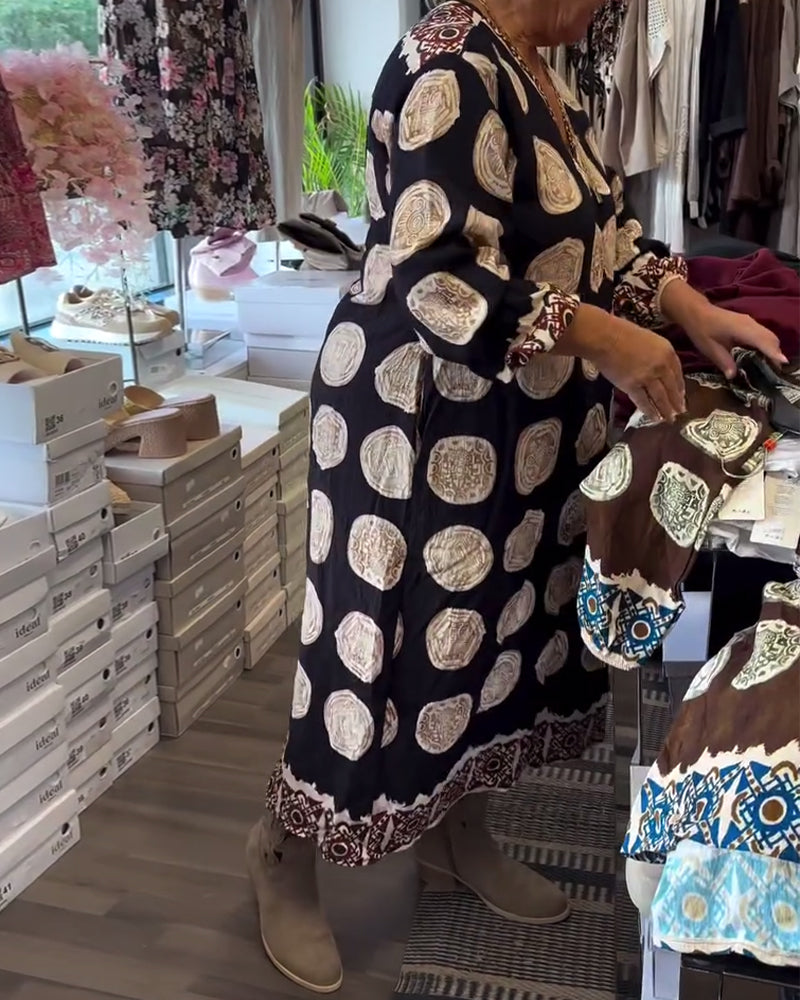 Long-Sleeved V-Neck Printed Dress