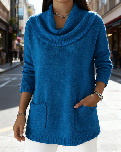 Cozy Loose Cowl Neck Knit Pocket Sweater Top