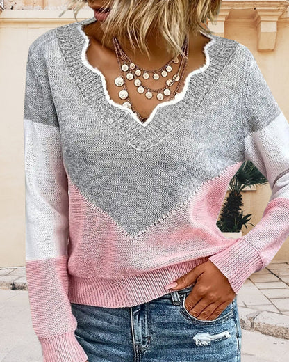 V Neck Color Block Pullover