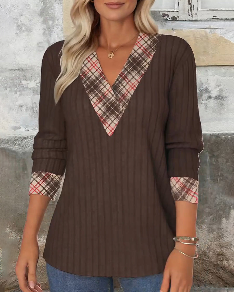 V-Neck Paneled Plaid Knitted Sweater