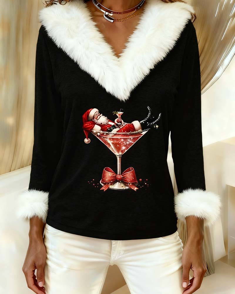 Plush Christmas Print Long Sleeve Top