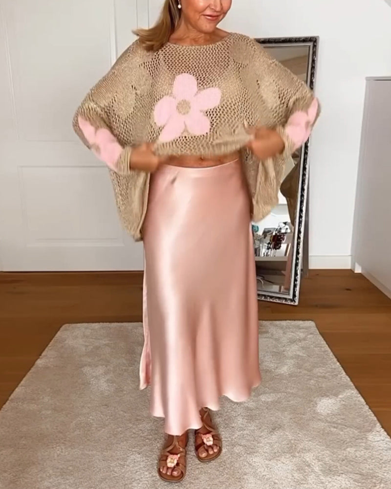 Casual floral round neck long sleeve hollow pullover