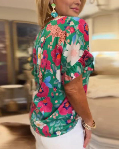 V-Neck Floral Print Short-Sleeved Blouse