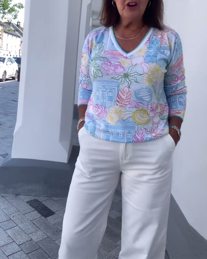 V-Neck Printed Fashion Sweater