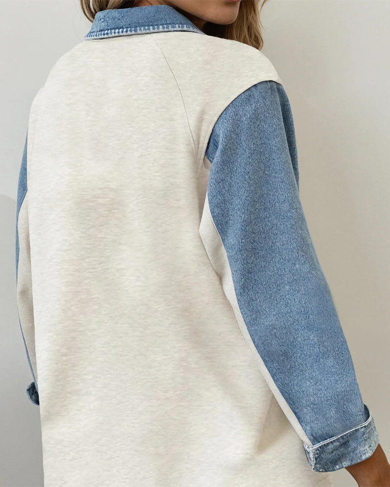 Stylish Denim Patchwork Long-Sleeved Sweatshirt