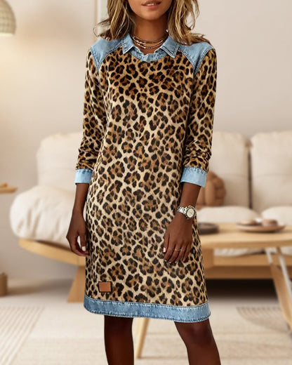 Lapel Leopard Print Shift Dress