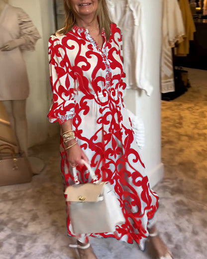 V-Neck Printed Loose Dress