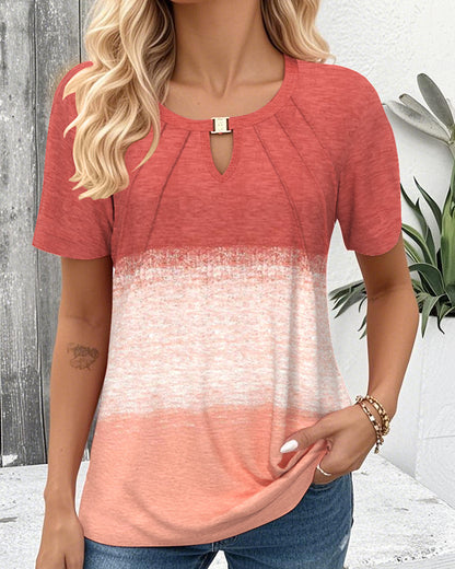 Round Neck Contrast Short Sleeve Blouse