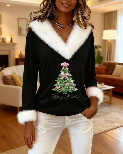 Large Fur Collar Christmas Print Top
