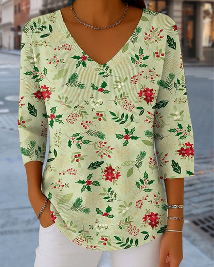 Women's Christmas Print V-Neck 3/4 Sleeve Casual Loose knitted top