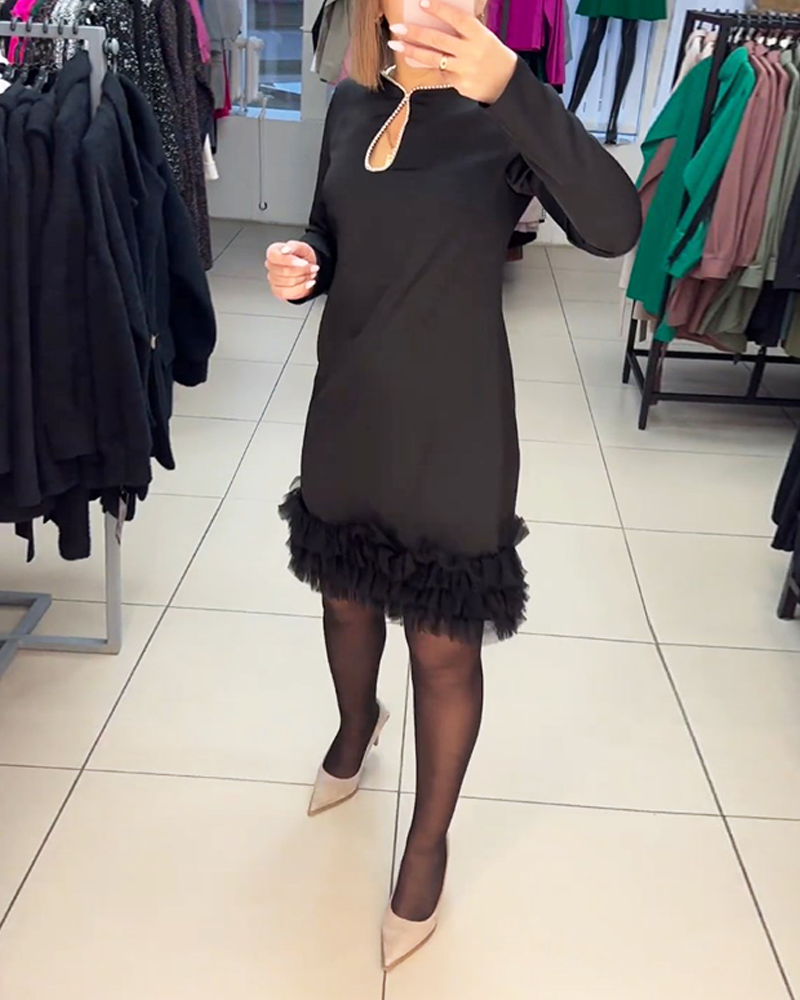 Pearl Neck Dress with Fur Hemline