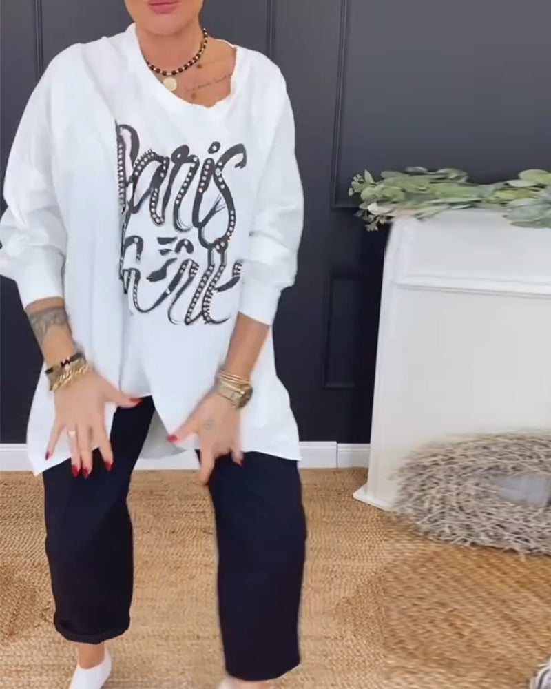 Round Neck Irregular Letter Print Top