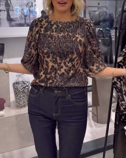 Lantern-Sleeve Sequined Leopard-Print Blouse
