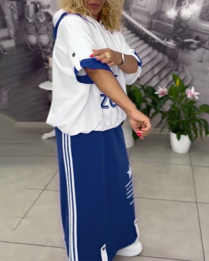 Hooded Drawstring Printed Skirt Set