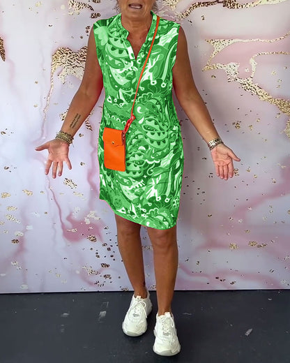 Printed sleeveless V-neck elegant dress