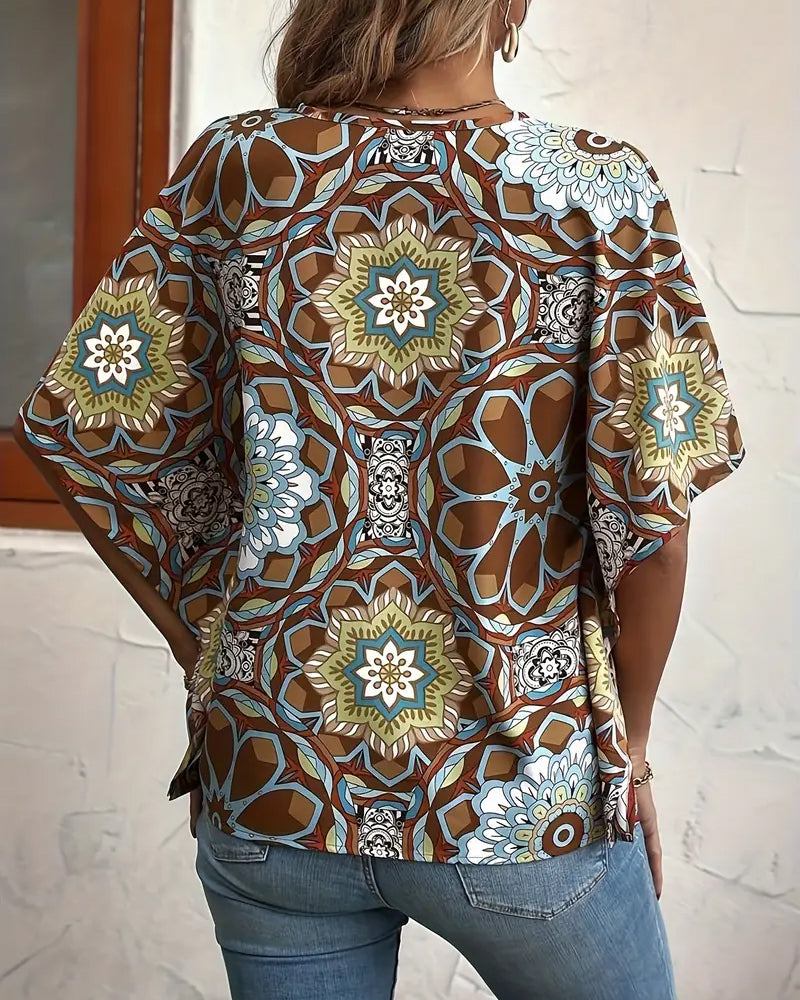 Retro printed V-neck button half sleeve blouse
