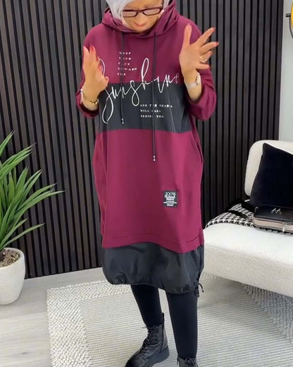 Casual color block letter print pocket hooded dress