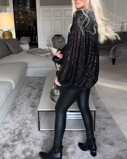 Balloon sleeve round neck sequin top