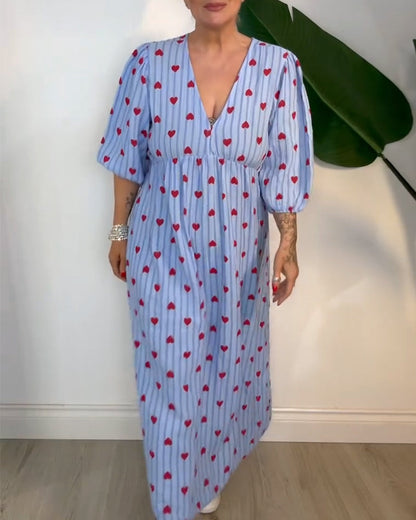 Elegant V-Neck Heart Print Dress