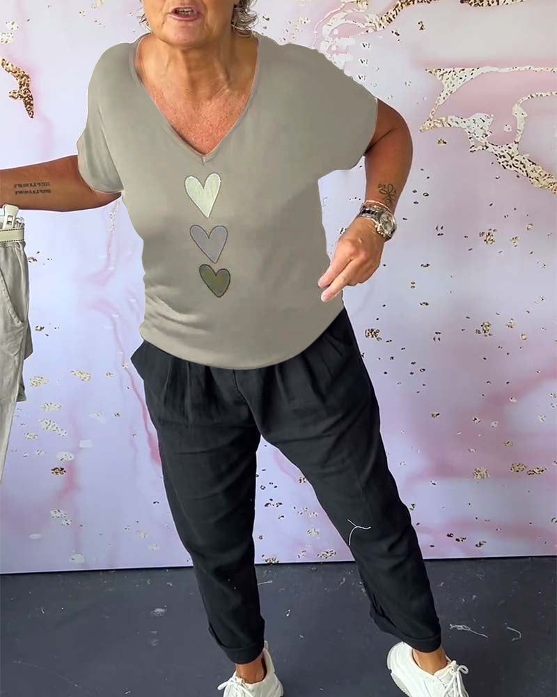 V-neck short-sleeved heart blouse