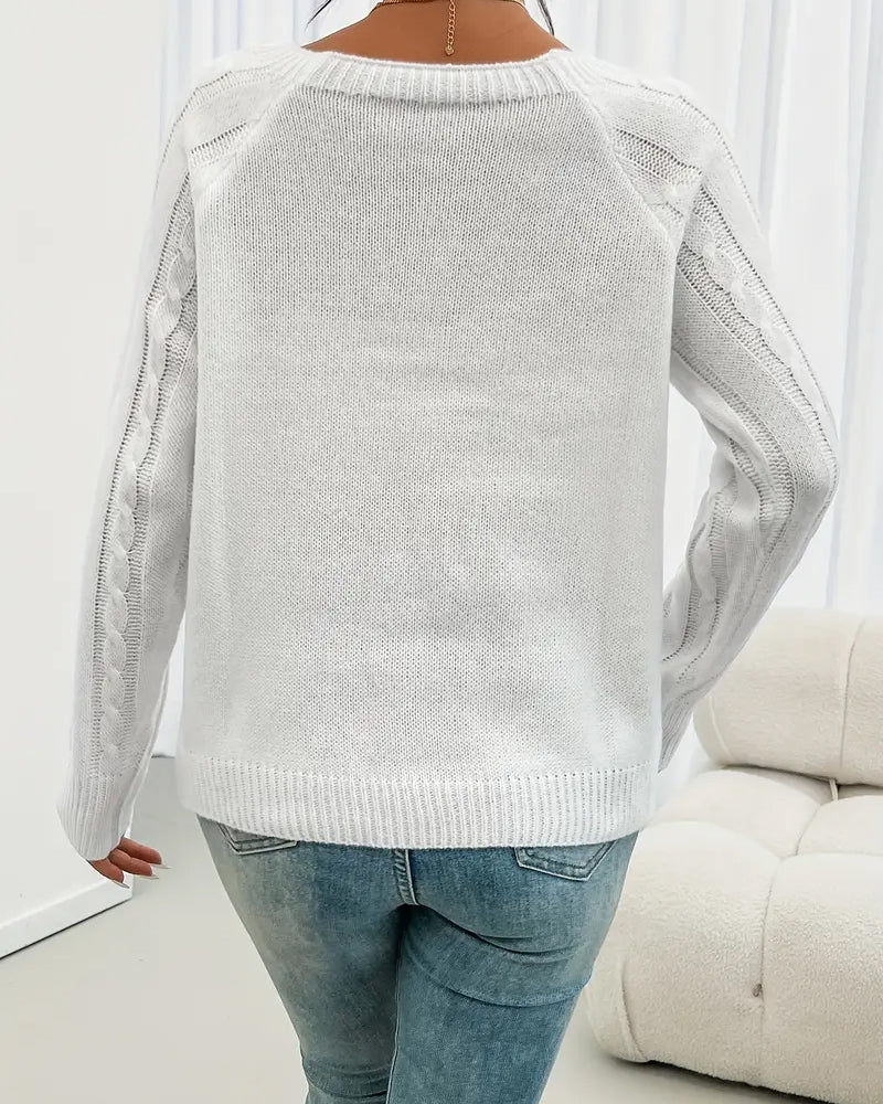 Solid Raglan Sleeve Buckle Cable Knit Sweater