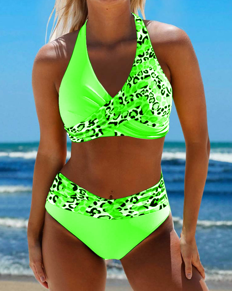 Halterneck leopard patchwork print bikini