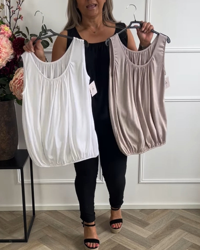 Sleeveless Solid Color Pleated Tank Top