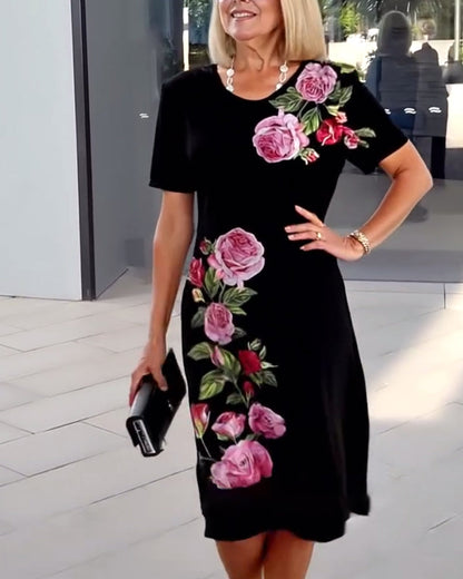 Short Sleeve Rose Print Shift Dress