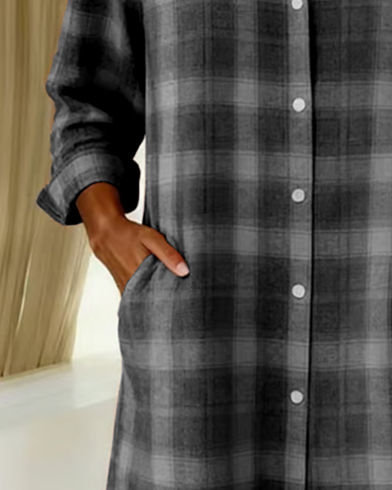 Lapel Plaid Button-Down Shirt Dress
