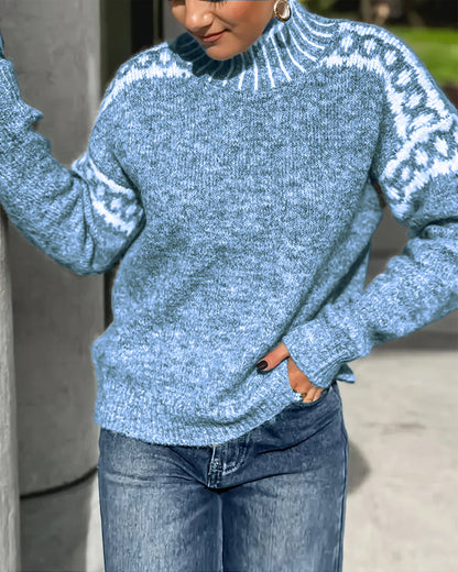 High Neck Patterned Contrast Sweater