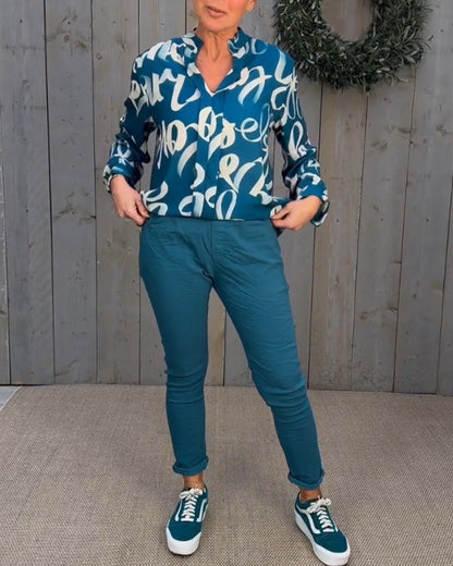 Printed v-neck long-sleeved blouse