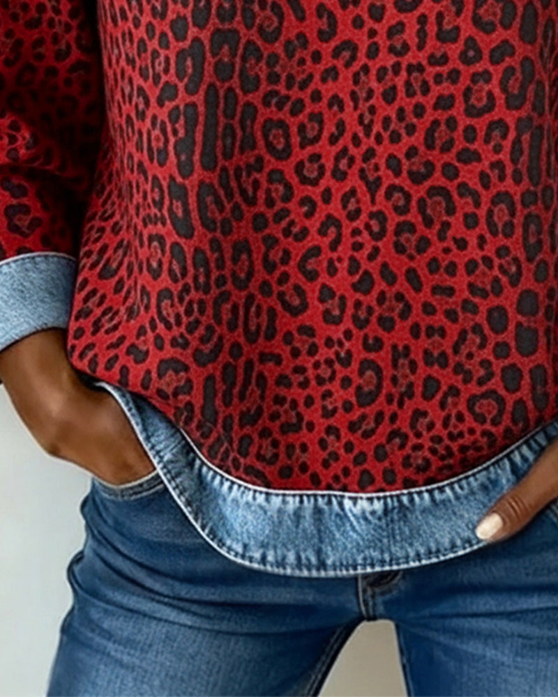 Leopard Print Denim Patchwork Sweatshirt