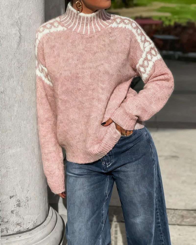 High Neck Patterned Contrast Sweater
