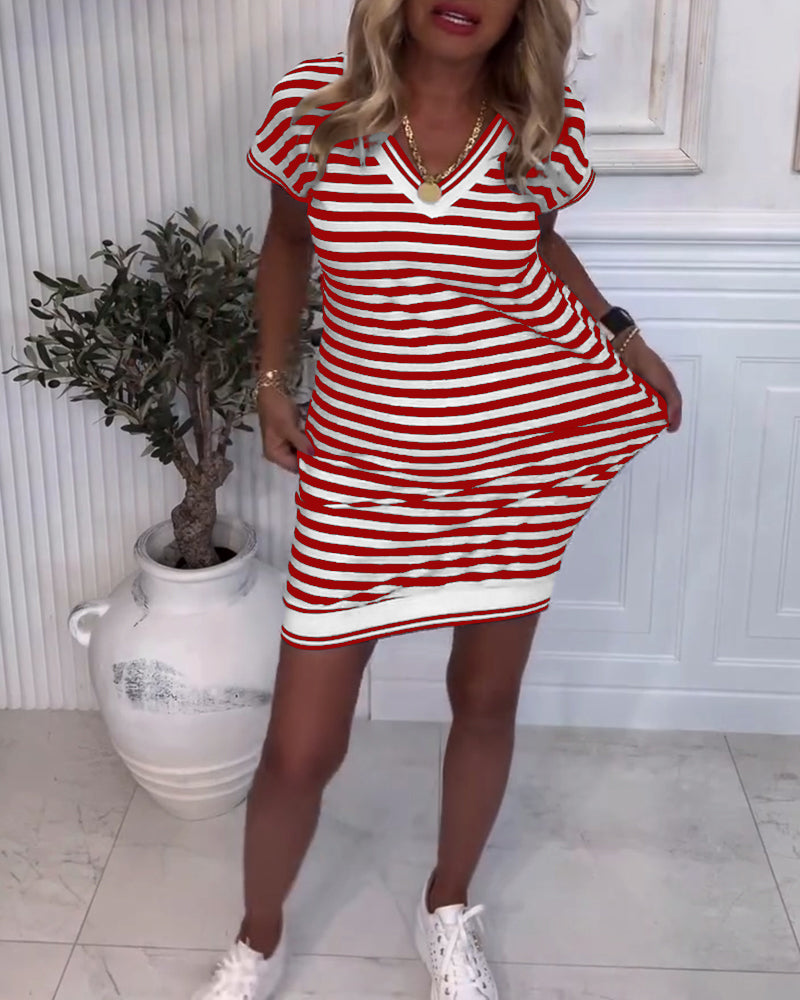 V-Neck Contrast Striped Dress
