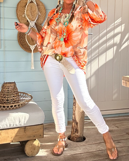 Off-Shoulder Resort Print Blouse