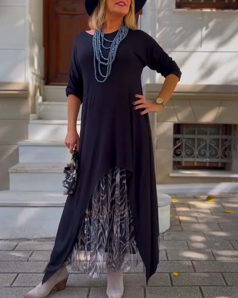 Long Sleeve Solid Color Irregular Dress