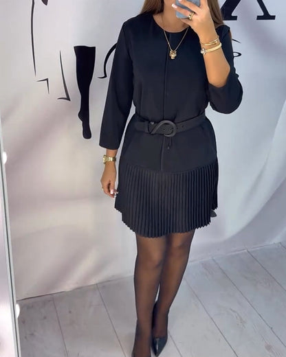 Three-Quarter Sleeve Accordion Pleated Dress