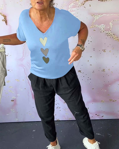 V-neck short-sleeved heart blouse