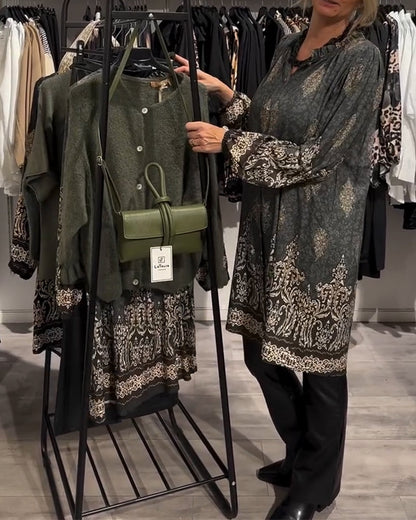 Lapel button-down vintage print dress