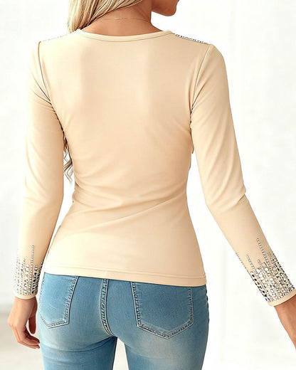 Fashionable V-Neck Diamond Long Sleeve Top