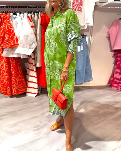 Stand Collar Long Sleeve Cashew Print Dress