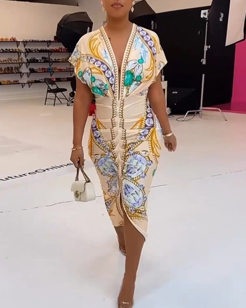 Deep V slit waist printed dress