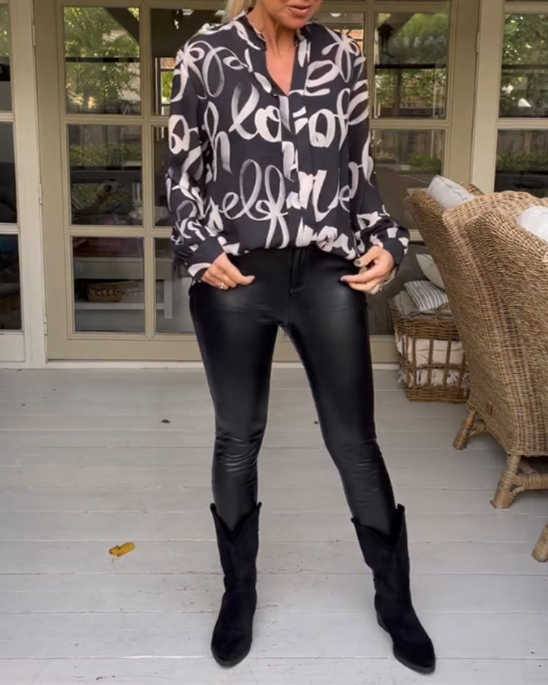 Printed v-neck long-sleeved blouse